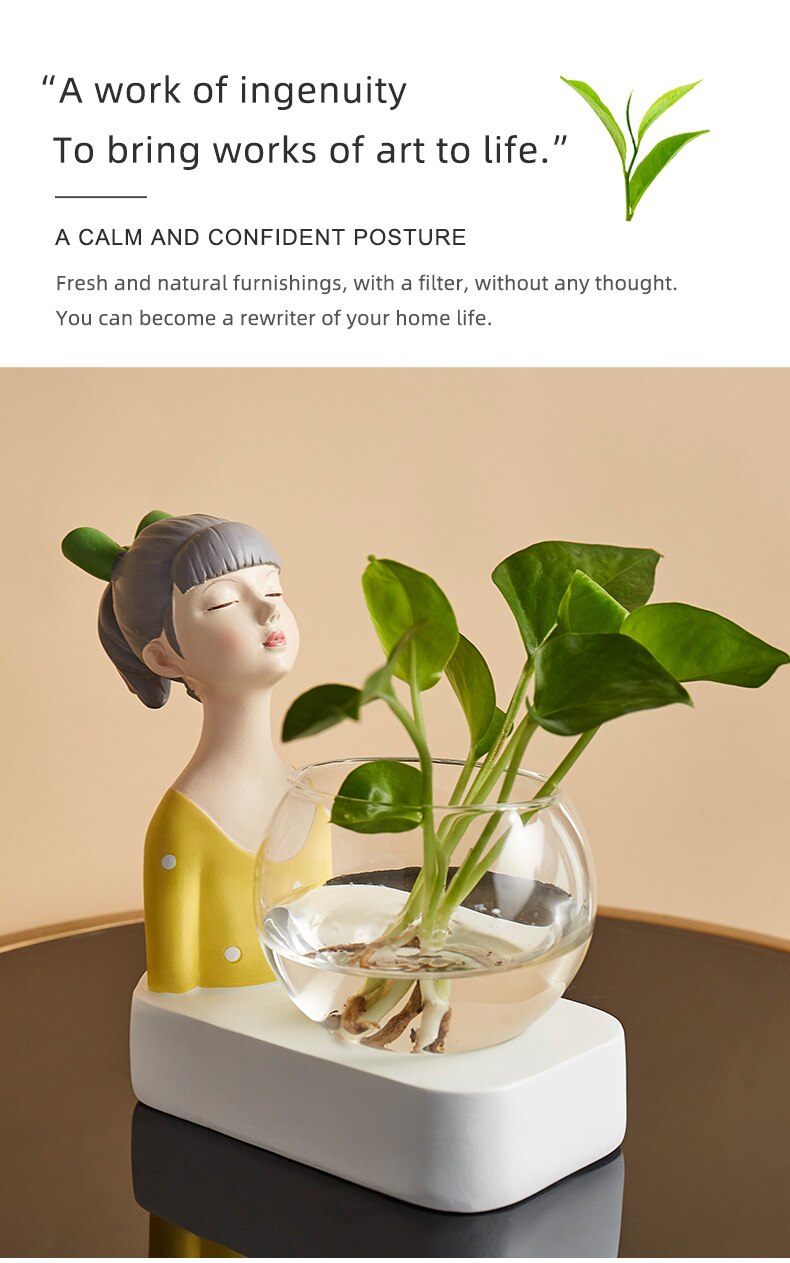 Cute Girl Hydroponic Vase Resin Character Model Glass Vase Modern Living Room Dining Table Desktop Decoration Accessories Gifts