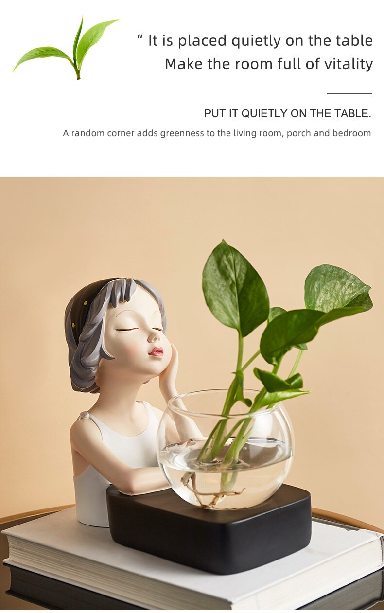 Cute Girl Hydroponic Vase Resin Character Model Glass Vase Modern Living Room Dining Table Desktop Decoration Accessories Gifts