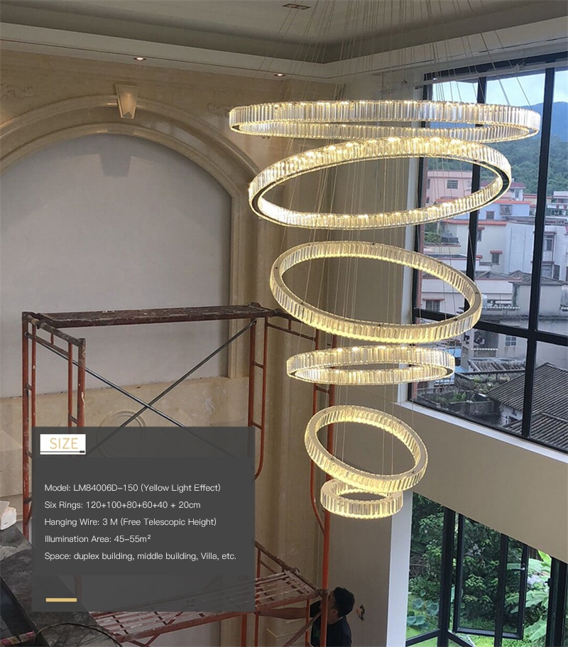 Remote New Luxury Modern Ring Big Crystal Chandelier Lighting Large Stair LED Crystal Pendant Lamp Home Light Fixtures