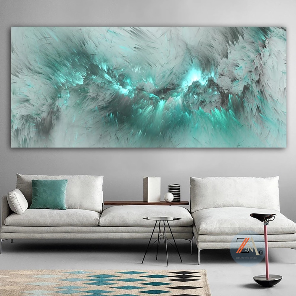 Light Green Blue Geometric Clouds Modern Abstract Oil Painting