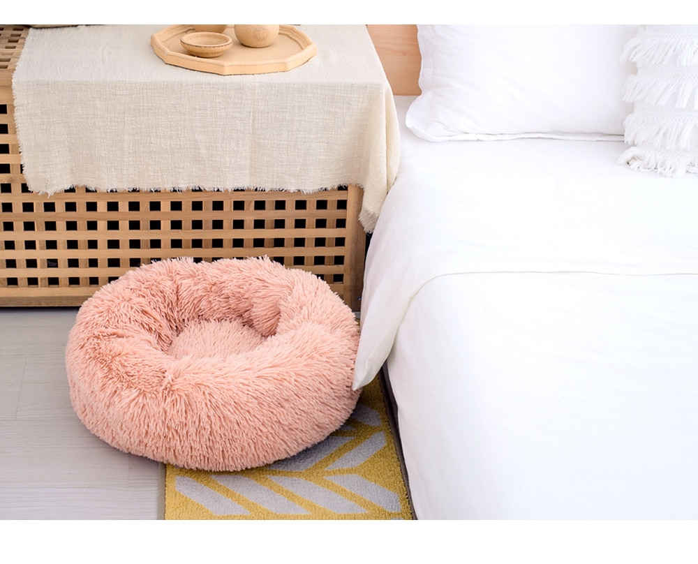 Round Cat Bed House Cushion Long Plush Pet Bed For Cats For Dogs