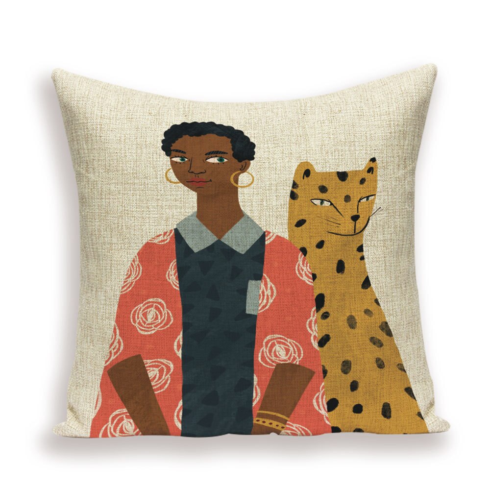 Portrait Woman Cushion Cover Leopard Home Pillows (Only covers)