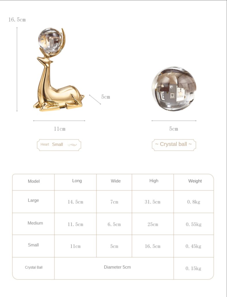 Nordic Luxury Gold Copper Deer Crystal Ball Figurines