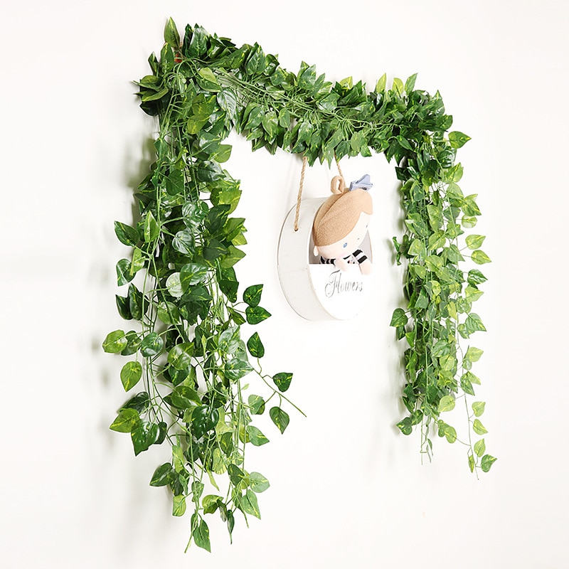 1pc 2Meters Green Artificial Hanging Vine Rattan Leaf