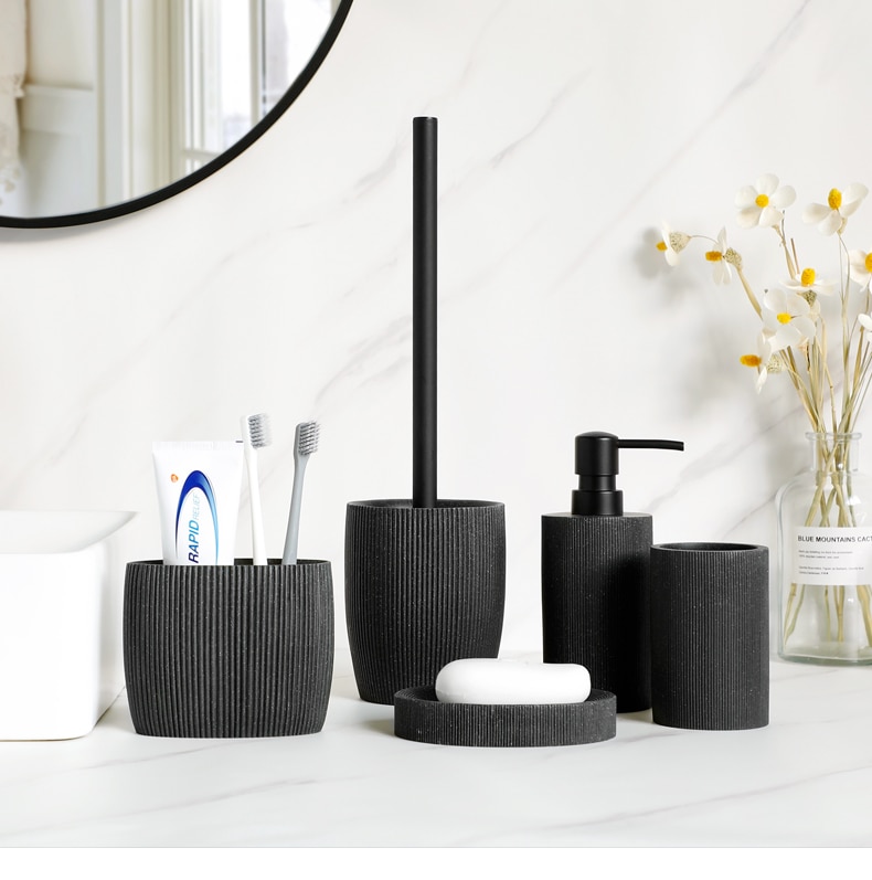 Black bathroom accessories sets Soap Dispenser Toothbrush Holder Dish Mouthwash Cup