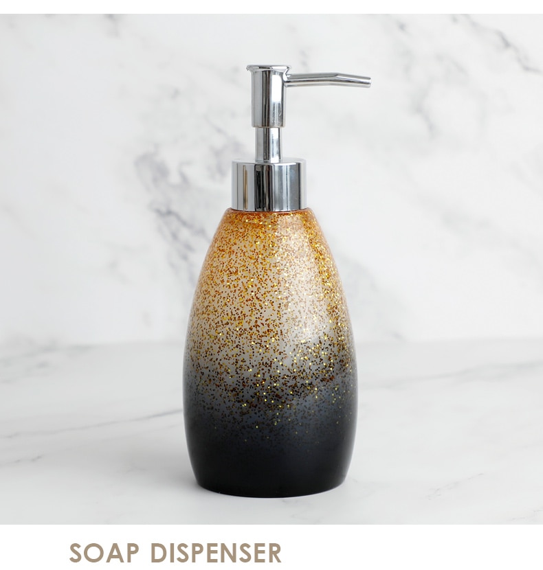 Gold sequins Bathroom Accessory Set Soap Lotion Dispenser, Toothbrush and Toothpaste Holder