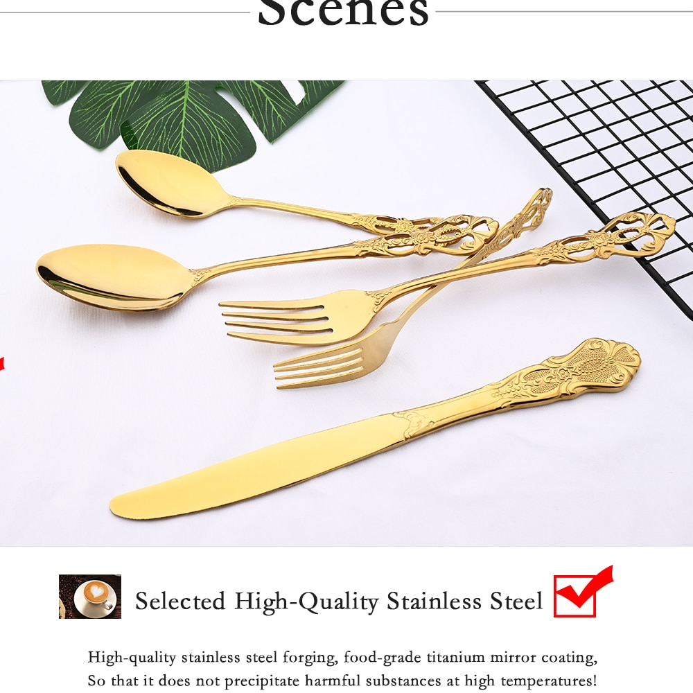6/24Pcs Gold Luxury Dinnerware Mirror Stainless Steel Set