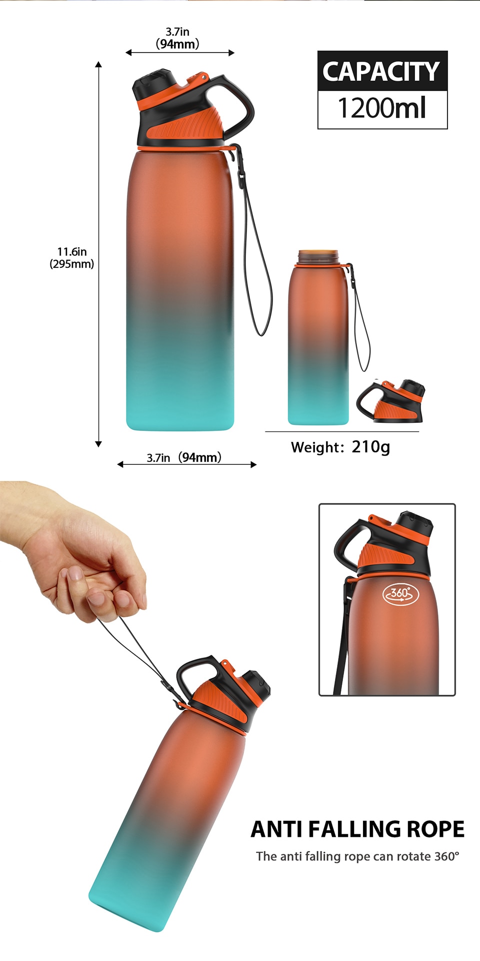Sports Water Bottle With Magnetic Lid 0.95L/1.2L BPA Free