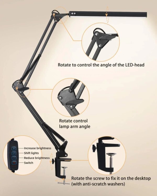 LED Desk Lamp With Clip Adjustable Brightness 3 Lighting Modes - Image 6