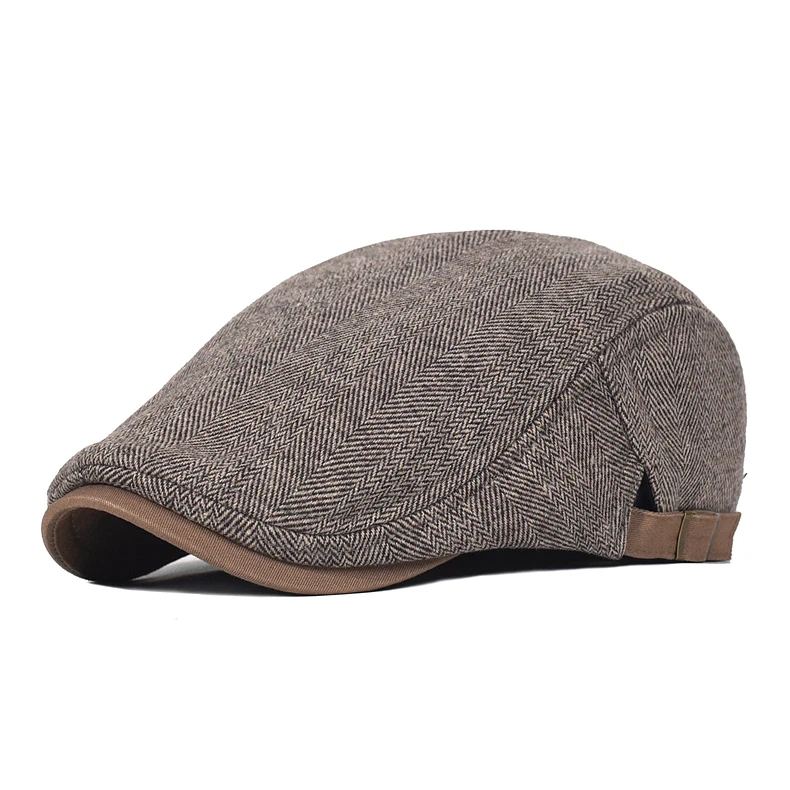 Big Size Newsboy Cap Men Winter Wool Thick Warm Vintage Herringbone Casual Stripe Berets Gatsby Flat Hat Peaked Cap Adjustable